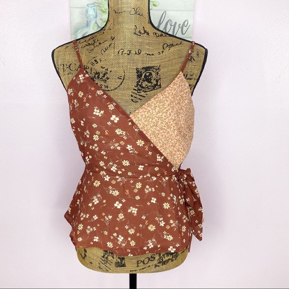 Boho Cottagecore Double Print Faux Wrap Peplum Tank Top Blouse Rust Tan Medium